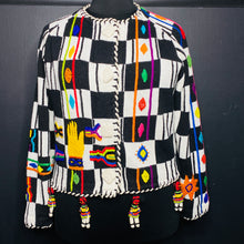 Load image into Gallery viewer, VTG Knit Checkered Plaid Applique Beaded Cardigan Sweater Folklore XL Rare
