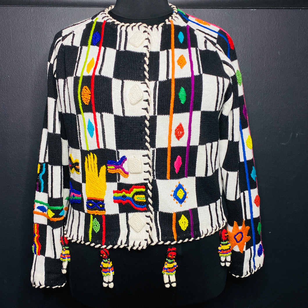 VTG Knit Checkered Plaid Applique Beaded Cardigan Sweater Folklore XL Rare