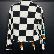 Load image into Gallery viewer, VTG Knit Checkered Plaid Applique Beaded Cardigan Sweater Folklore XL Rare
