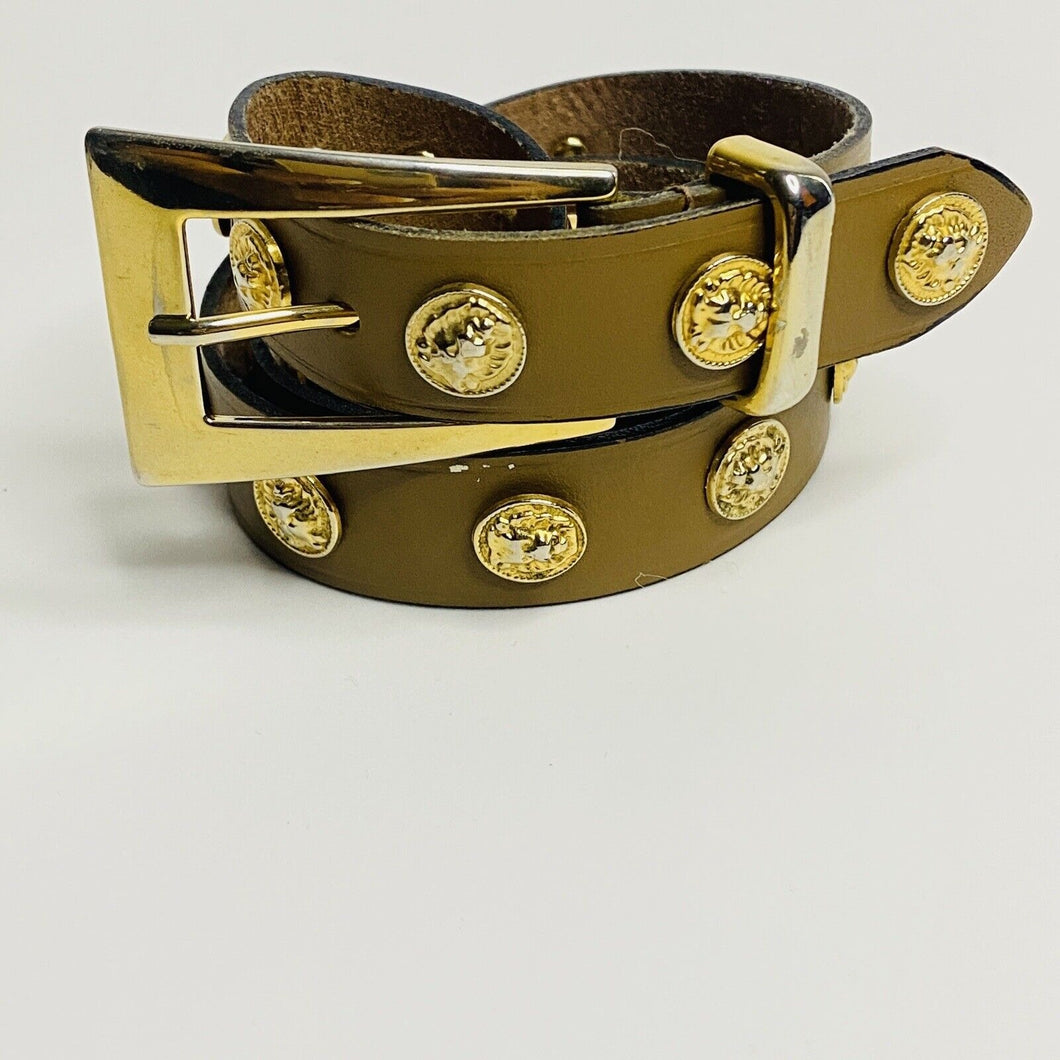 VTG Lion Head Gold Tone Studded Brown Leather Y2K Belt Medium