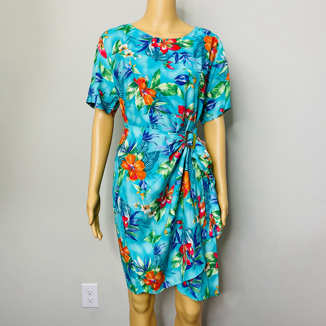 Vintage 90s Y2K Erika Medium Floral Wrap Dress Womens MultiColor Tropical Print