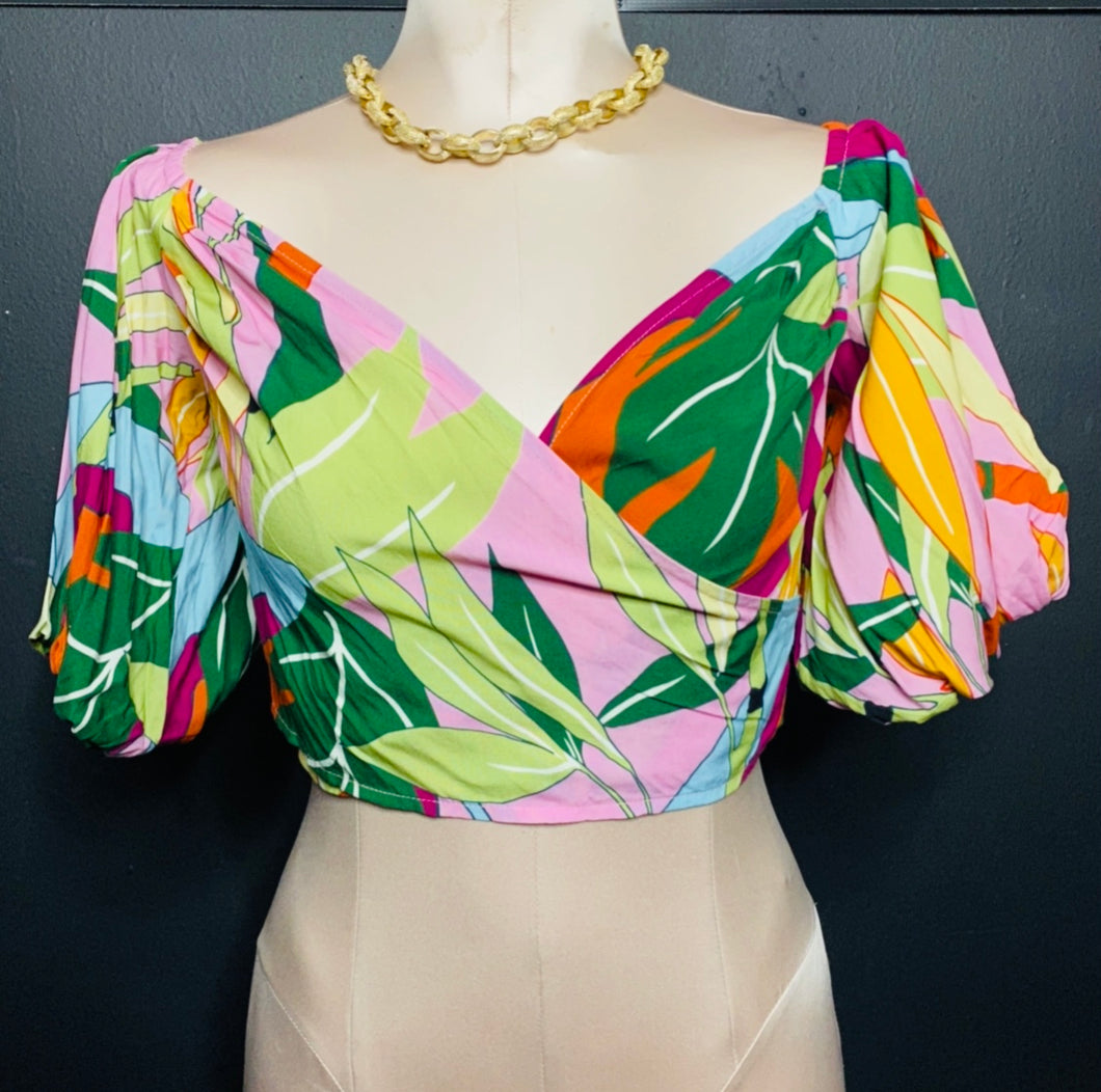 Womens Leaf Palm Print Cropped Blouse Med